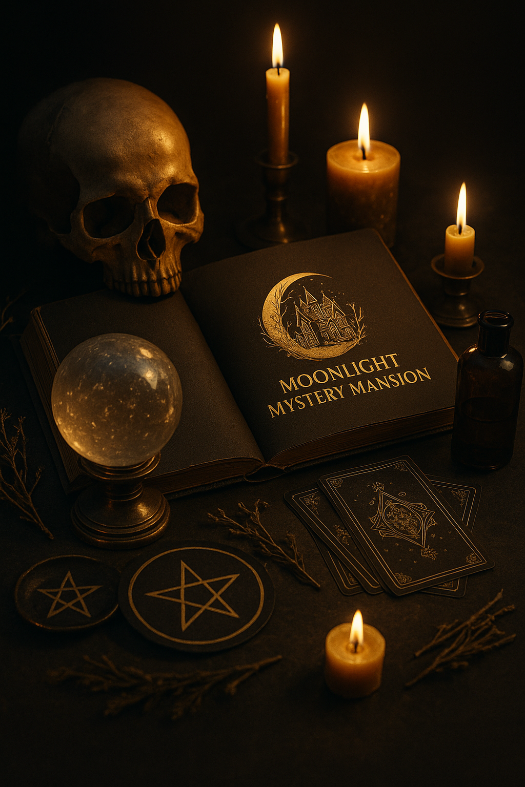 Candlelit Moonlight Mystery Mansion still life with an antique book and glass orb