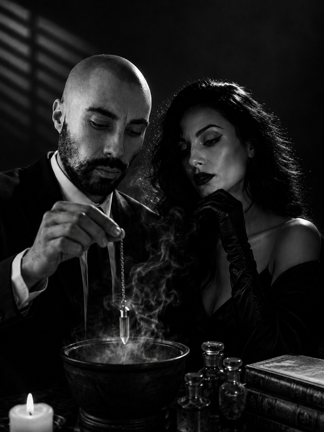 Lex Lunor holding a pendulum over a smoke-filled vessel