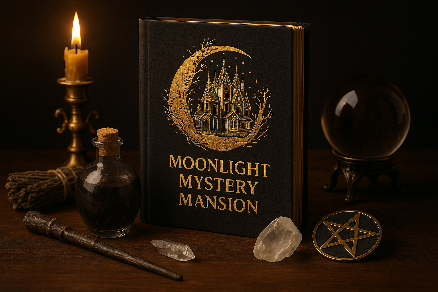Moonlight Mystery Mansion book among candlelight, crystal, and antique objects